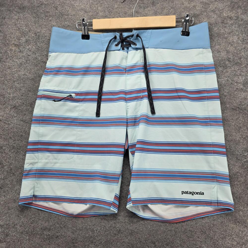 Patagonia Board Shorts Mens 32 Blue Striped Drawstring Pockets Quick Dry